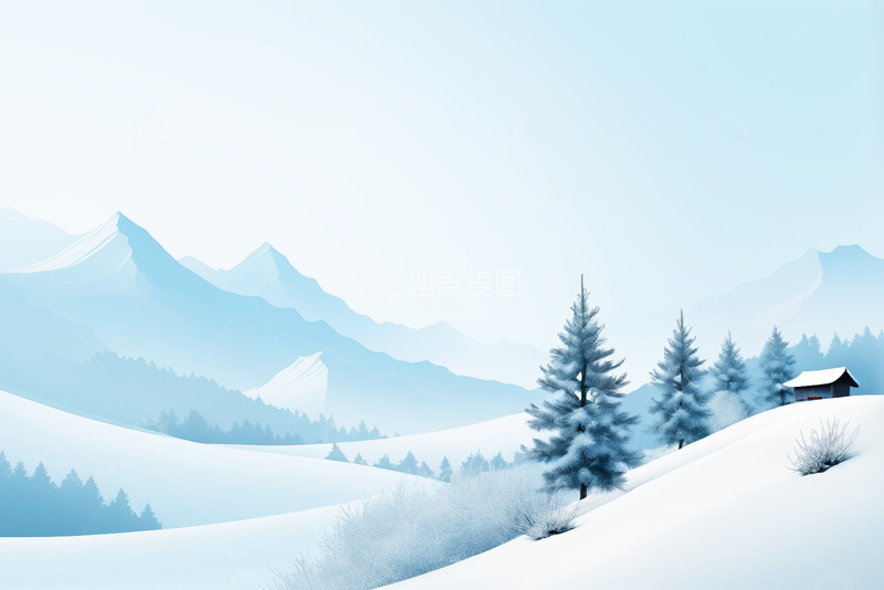 高清大图下载【趣麦麦图】冬季雪山松林小屋风景