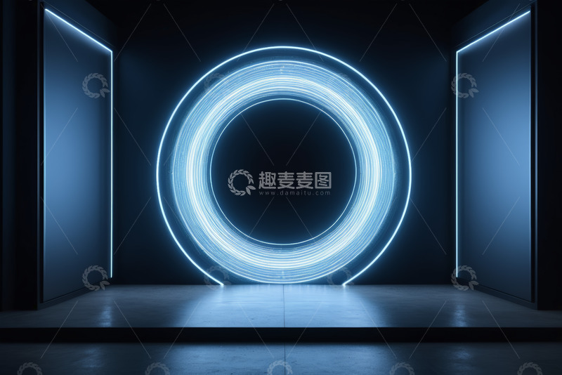 高清大图下载【趣麦麦图】室内蓝色发光霓虹圆环场景