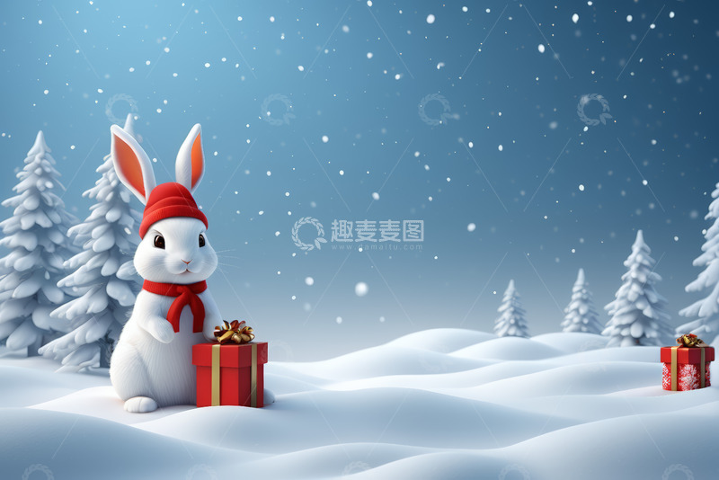高清大图下载【趣麦麦图】雪地里戴帽白兔与红色礼物