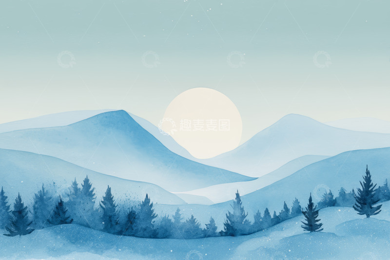 高清大图下载【趣麦麦图】雪中山景与松林的动画风景