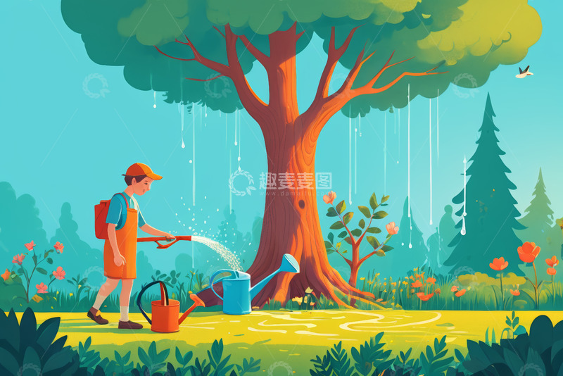高清大图下载【趣麦麦图】户外人物给大树浇水场景