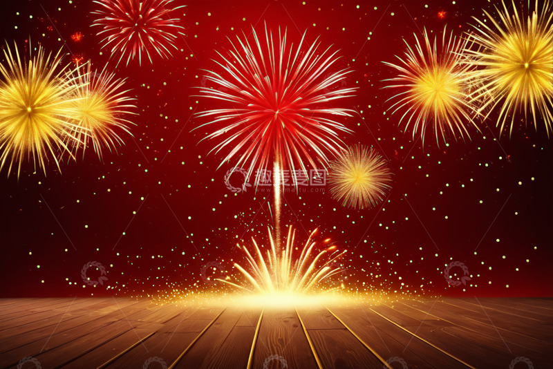 高清大图下载【趣麦麦图】红色背景上的绚丽烟花