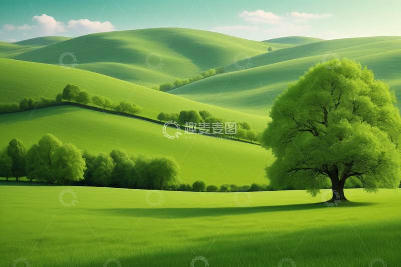 高清大图下载【趣麦麦图】绿色草原上的单棵树木风景