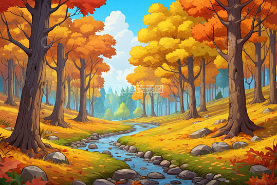 秋日森林小溪风景插画