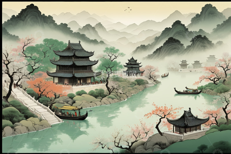 高清大图下载【趣麦麦图】中式古风山水楼阁风景