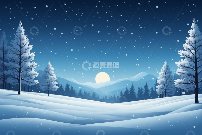 高清大图下载【趣麦麦图】冬日雪景山林月夜风光