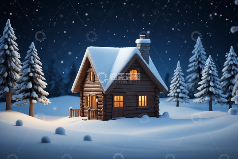 高清大图下载【趣麦麦图】雪夜中的温馨小木屋
