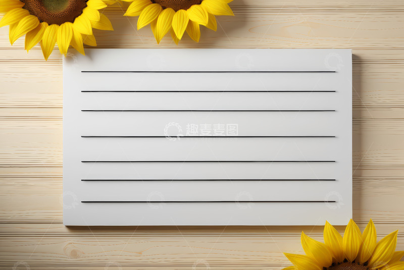 高清大图下载【趣麦麦图】木纹背景上的向日葵与空白卡片