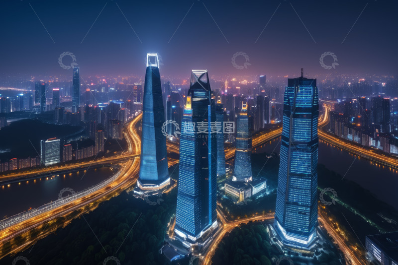 高清大图下载【趣麦麦图】城市高楼夜景航拍全景