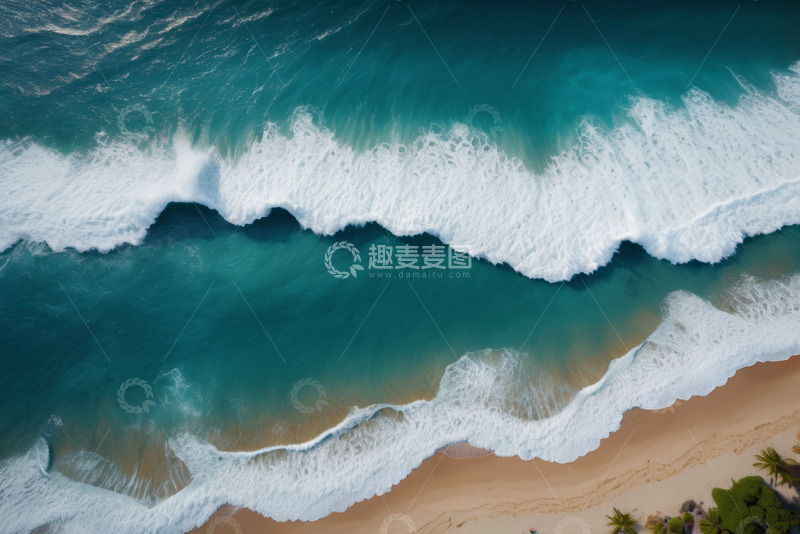 高清大图下载【趣麦麦图】俯瞰海浪拍打沙滩景象