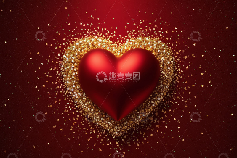 高清大图下载【趣麦麦图】-红色背景金色闪光爱心素材