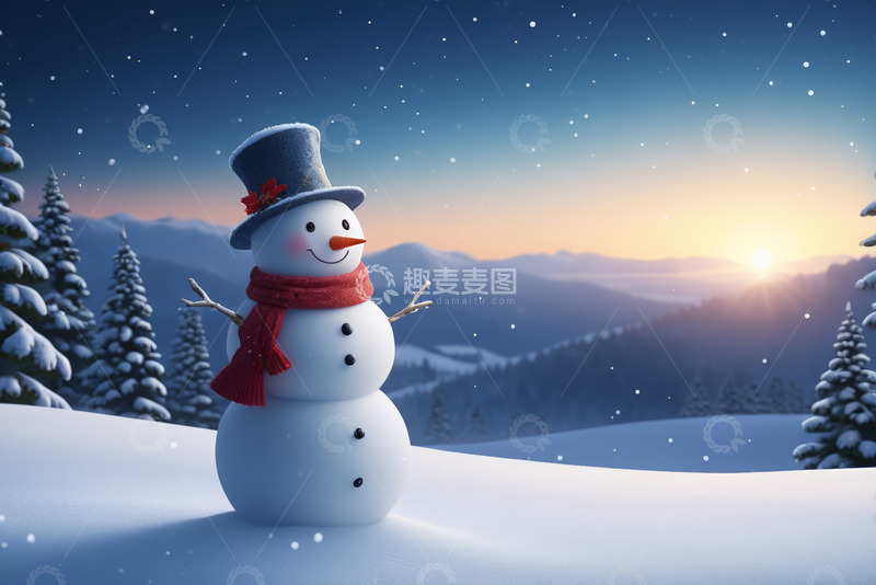 高清大图下载【趣麦麦图】雪景中的雪人