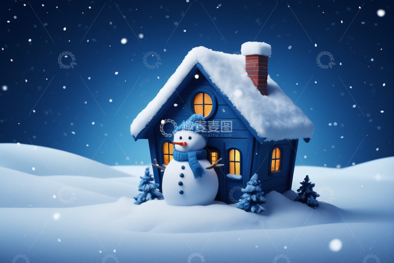 高清大图下载【趣麦麦图】雪夜中的蓝色小屋与雪人
