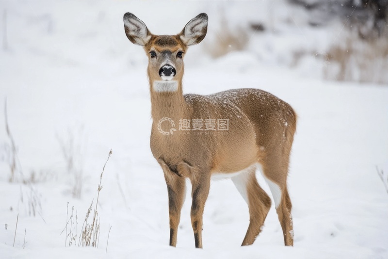 高清大图下载【趣麦麦图】雪地里的一只小鹿