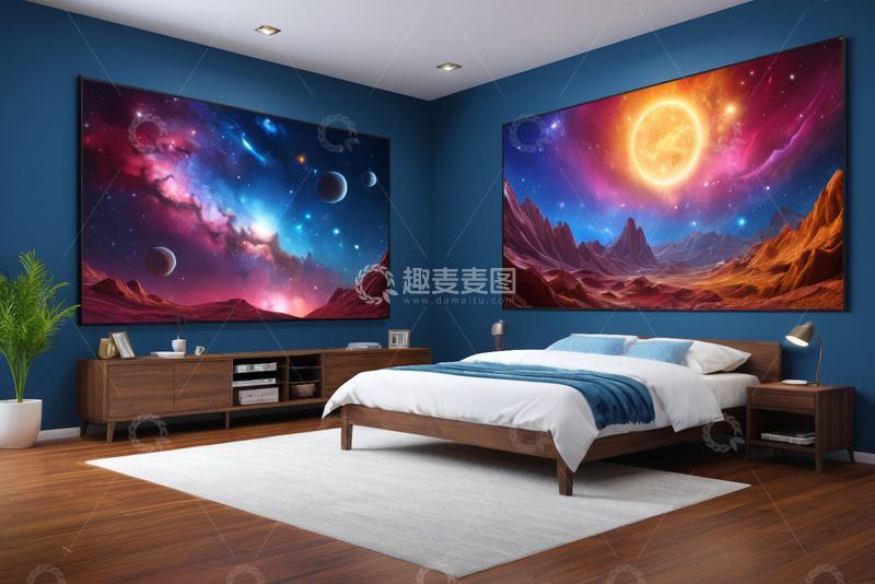 高清大图下载【趣麦麦图】现代卧室星空主题装饰画面