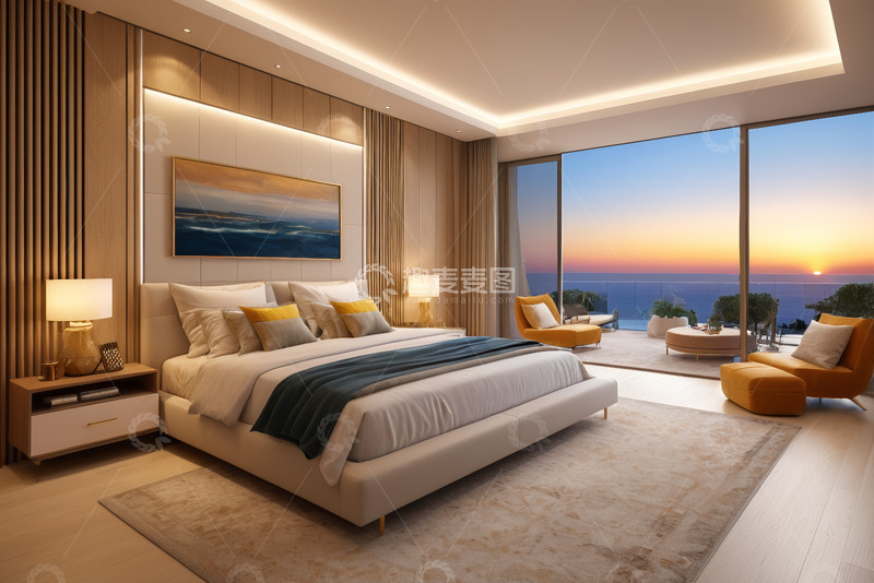 高清大图下载【趣麦麦图】现代风格卧室带落地窗海景