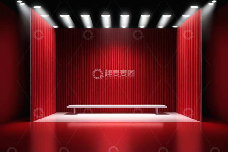 高清大图下载【趣麦麦图】红色舞台背景下的白色长凳