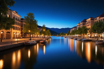 河畔夜景建筑与停泊船只