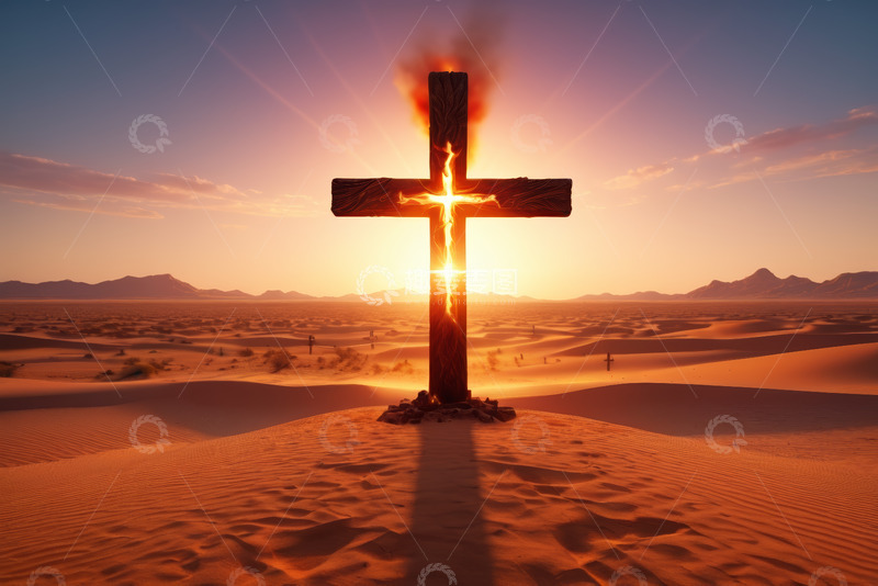 高清大图下载【趣麦麦图】沙漠中燃烧的十字架景观