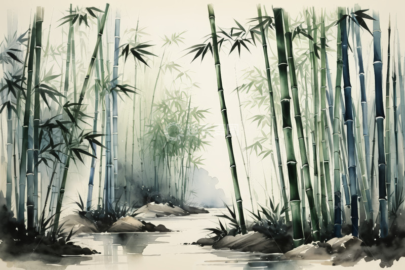 高清大图下载【趣麦麦图】水墨风格竹林溪流景致