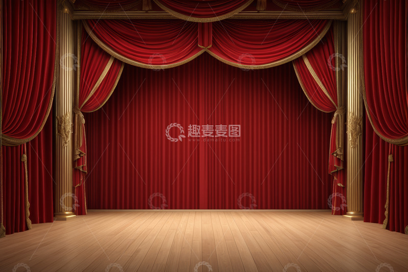 高清大图下载【趣麦麦图】舞台红色幕布与木质地板场景