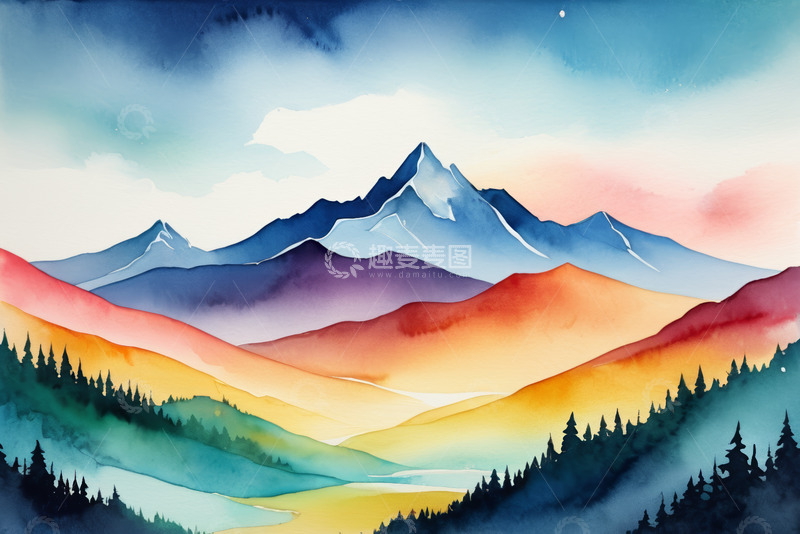 高清大图下载【趣麦麦图】水彩风格的山间自然景观
