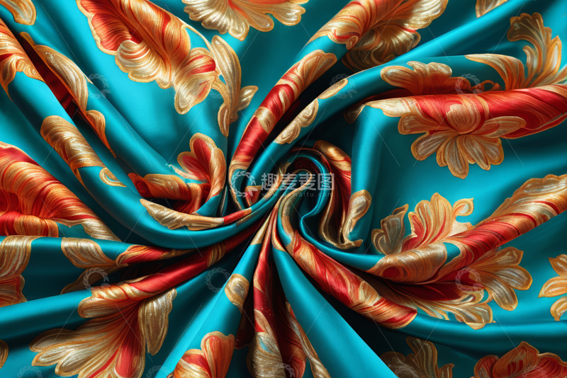 高清大图下载【趣麦麦图】蓝底金红花纹织物特写