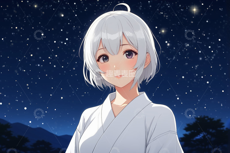高清大图下载【趣麦麦图】星空下穿和服的动漫少女