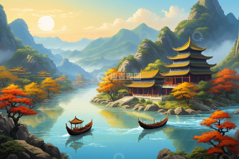 高清大图下载【趣麦麦图】中式山水古建筑风景