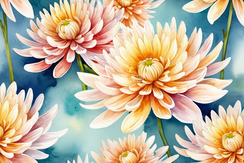 高清大图下载【趣麦麦图】水彩风格盛开的菊花图案