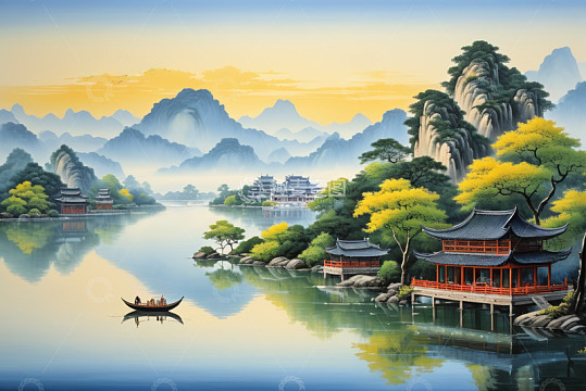 中式山水古建筑风景