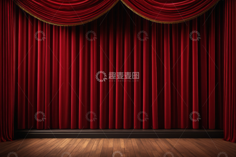 高清大图下载【趣麦麦图】舞台红色幕布与木质地板