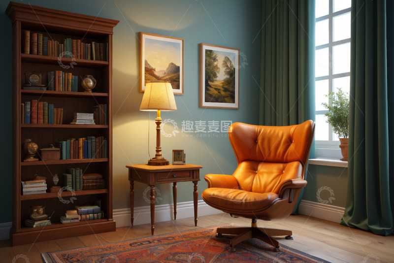 高清大图下载【趣麦麦图】书房内的皮质座椅与书架陈设