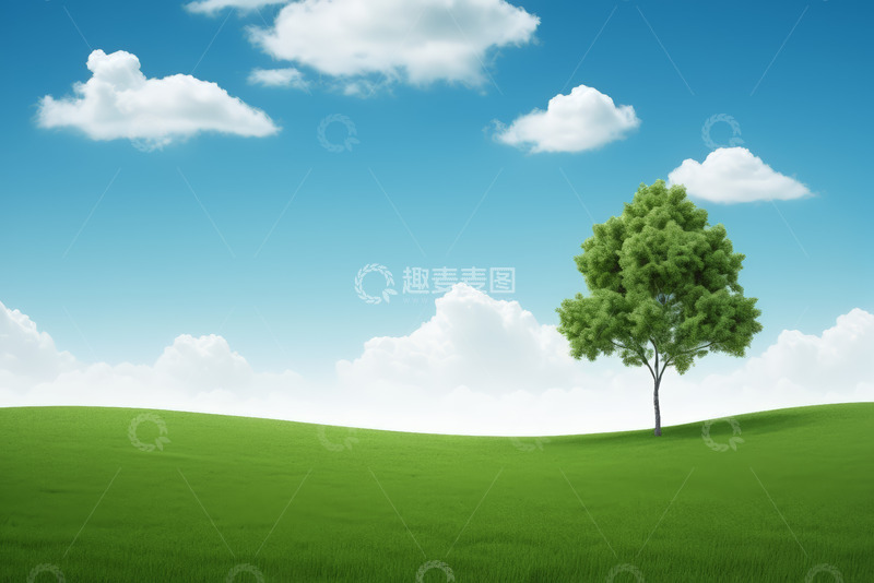 高清大图下载【趣麦麦图】绿草地单棵树木与蓝天白云