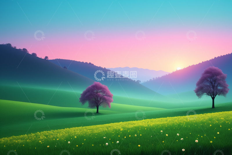 高清大图下载【趣麦麦图】山间草地日出自然风光