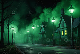 夜晚雾中街道与房屋景象