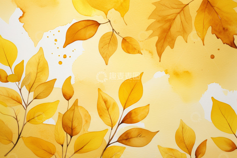 高清大图下载【趣麦麦图】秋季水彩风格黄叶背景素材