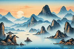 中式山水夕阳风景