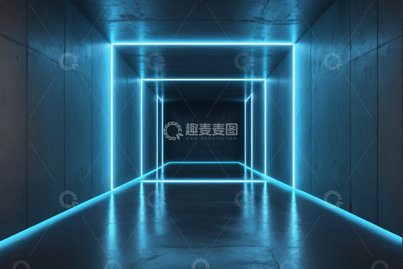 高清大图下载【趣麦麦图】蓝色霓虹灯光隧道场景