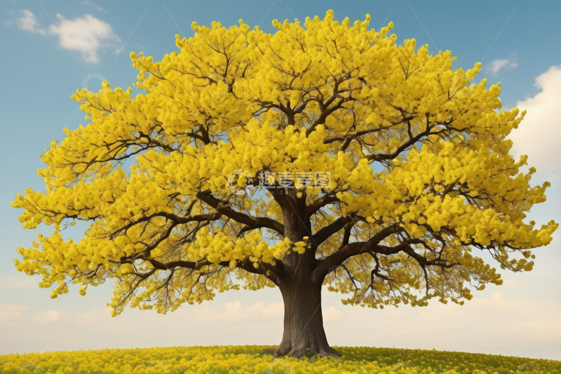 高清大图下载【趣麦麦图】田野上盛开黄色花朵的大树