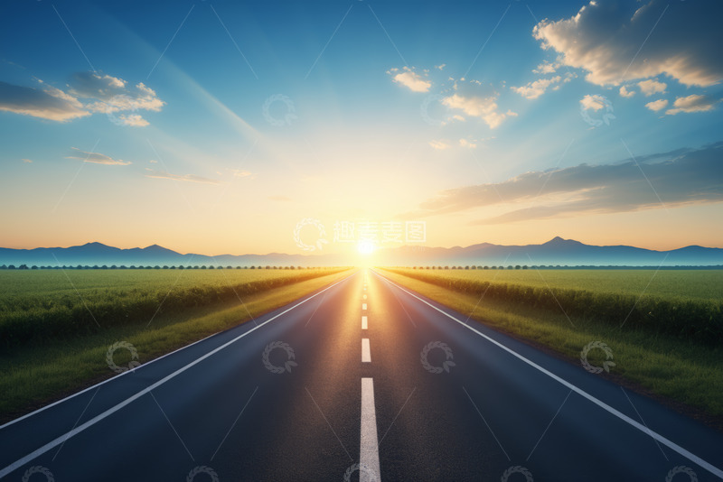 高清大图下载【趣麦麦图】公路尽头日出风景