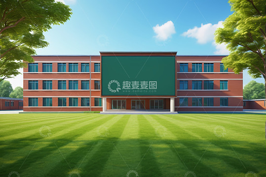 校园红砖建筑前的大片绿地