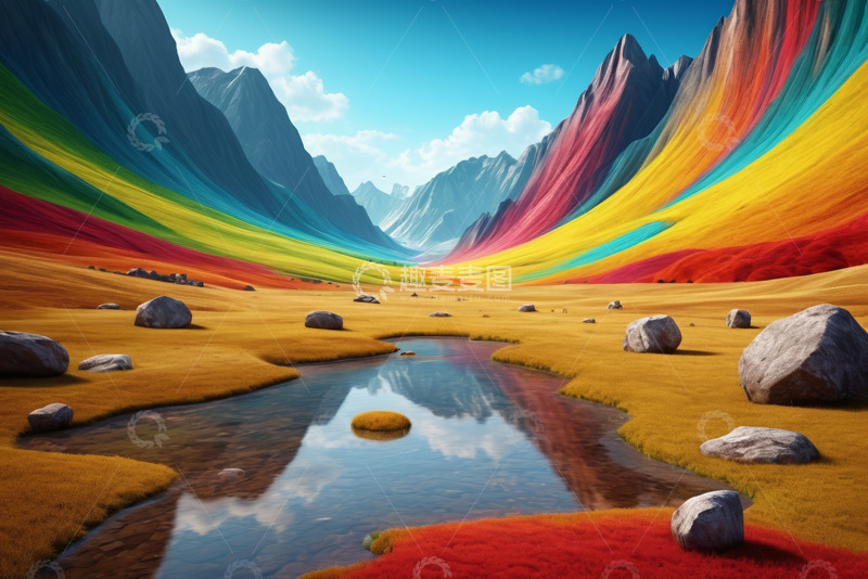 高清大图下载【趣麦麦图】彩色山峦与溪边风景