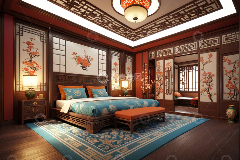高清大图下载【趣麦麦图】新中式风格卧室室内场景