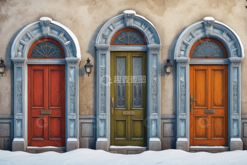 高清大图下载【趣麦麦图】雪后三扇复古拱形门