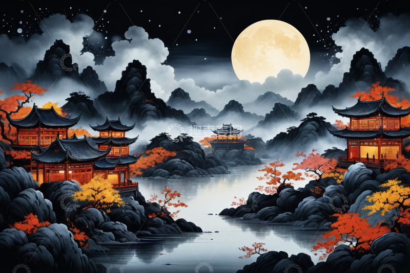 高清大图下载【趣麦麦图】月夜下中式古建筑山水景观