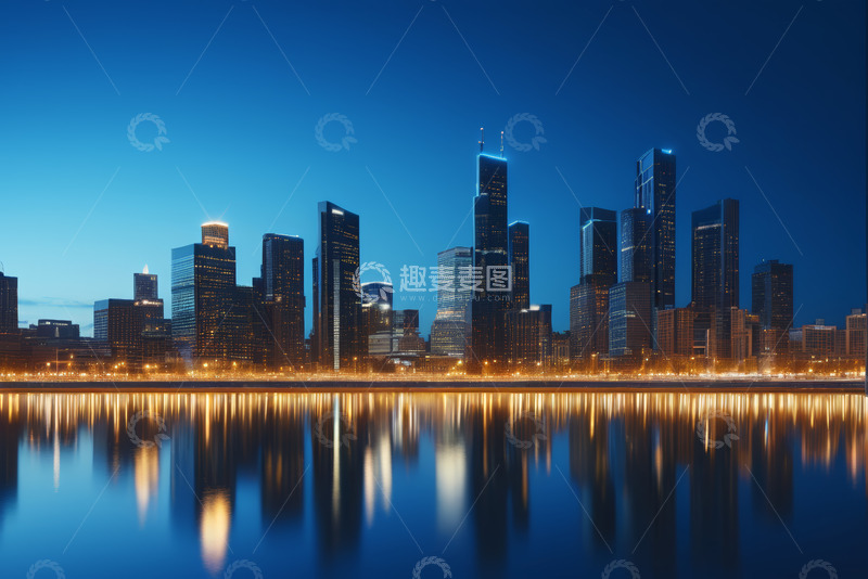 高清大图下载【趣麦麦图】城市现代摩天大楼夜景倒影
