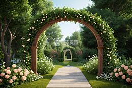 花园中鲜花环绕的木质拱门景观