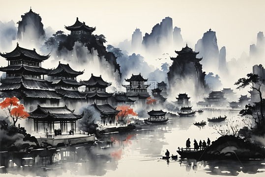 水墨古风中式建筑山水场景