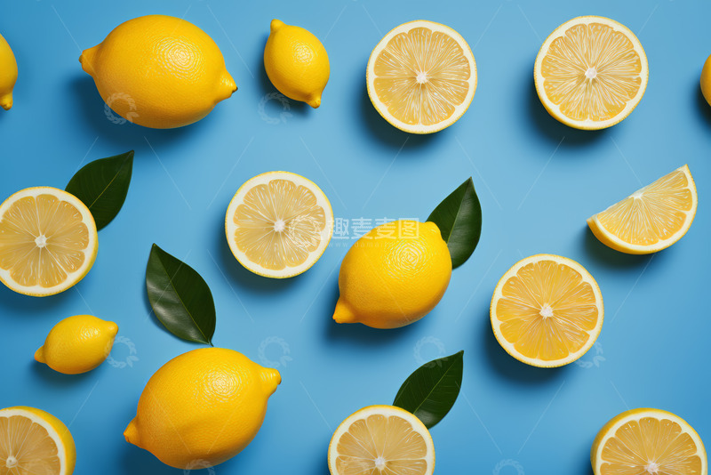 高清大图下载【趣麦麦图】蓝色背景上的柠檬及柠檬切片